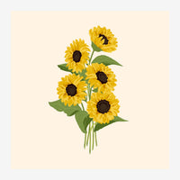 Six tournesols jaunes avec des cœurs marron, tiges vertes et feuilles, sur fond beige clair.