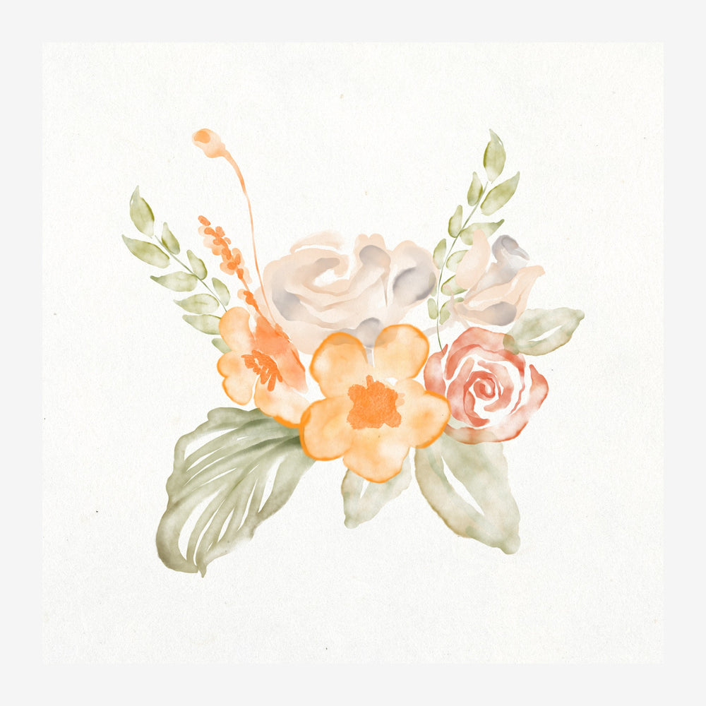 Bouquet de fleurs aquarellé composé de roses blanches et roses pêche, de fleurs orangées et de feuilles vertes sur fond.