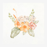 Bouquet de fleurs aquarellé composé de roses blanches et roses pêche, de fleurs orangées et de feuilles vertes sur fond.