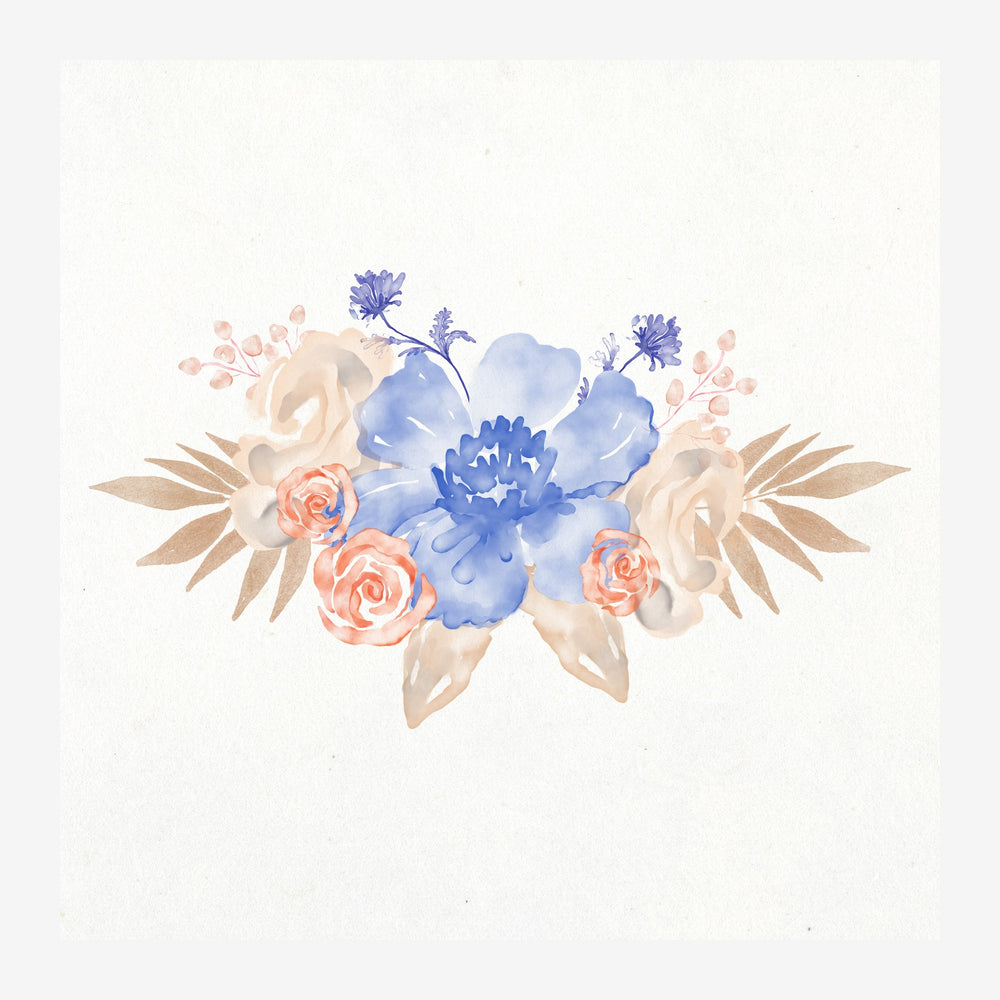 Composition florale symétrique aux teintes bleu indigo et rose pêche, avec des feuilles beige, sur fond blanc crème.