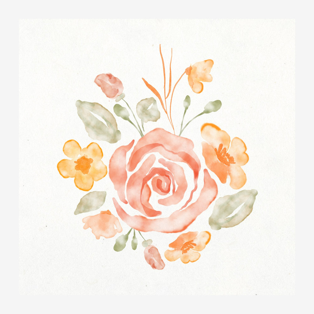 Affiche avec un bouquet de fleurs peintes à l'aquarelle : une grande rose corail centrale entourée de petites fleurs.