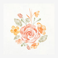 Affiche avec un bouquet de fleurs peintes à l'aquarelle : une grande rose corail centrale entourée de petites fleurs.