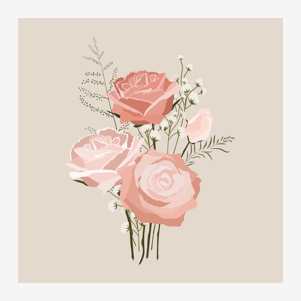 Bouquet de trois roses rose pâle et coral avec feuillages verts et petites fleurs délicates sur fond beige clair.