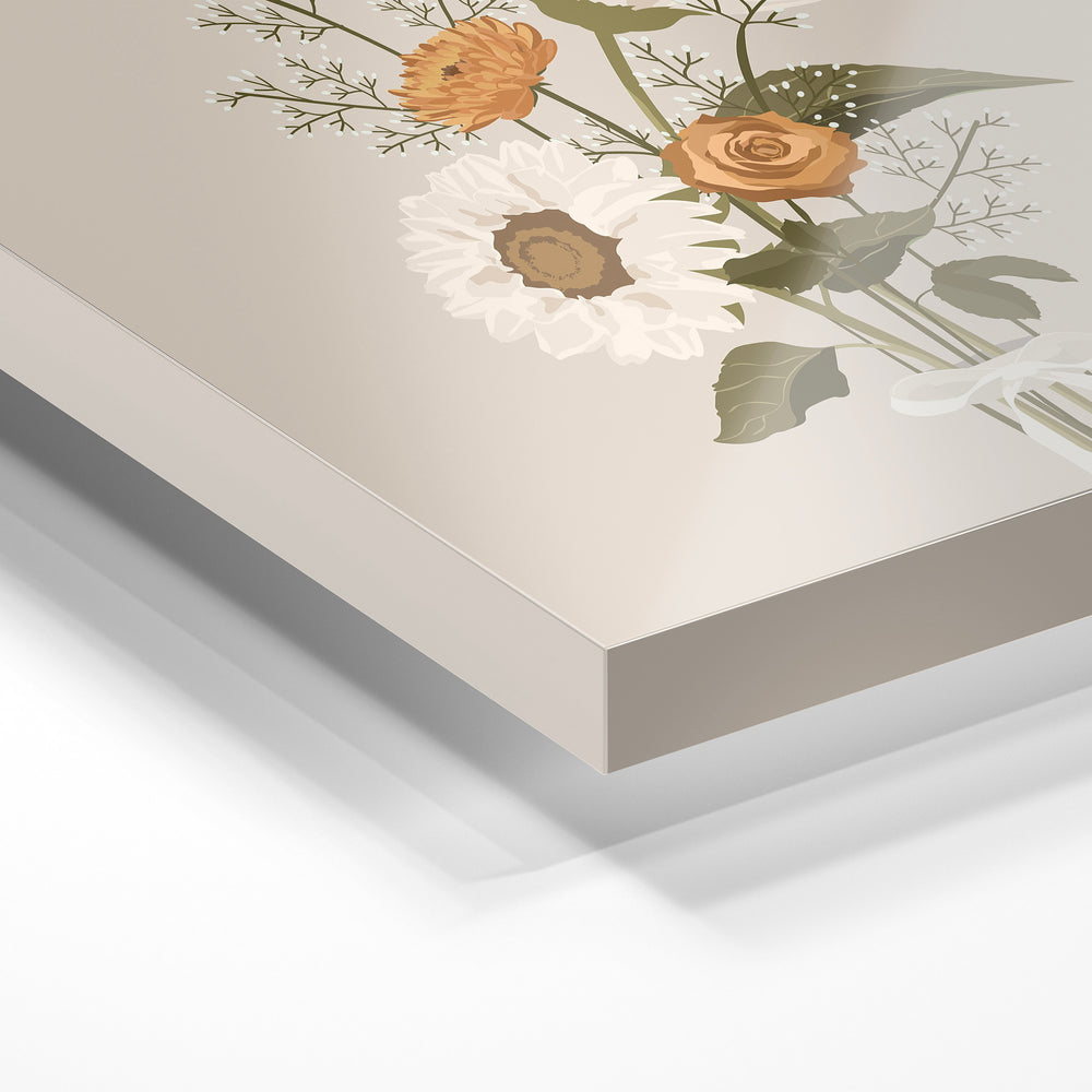 Gros plan de la matière : le tirage sous verre acrylique, tranche transparente visible.