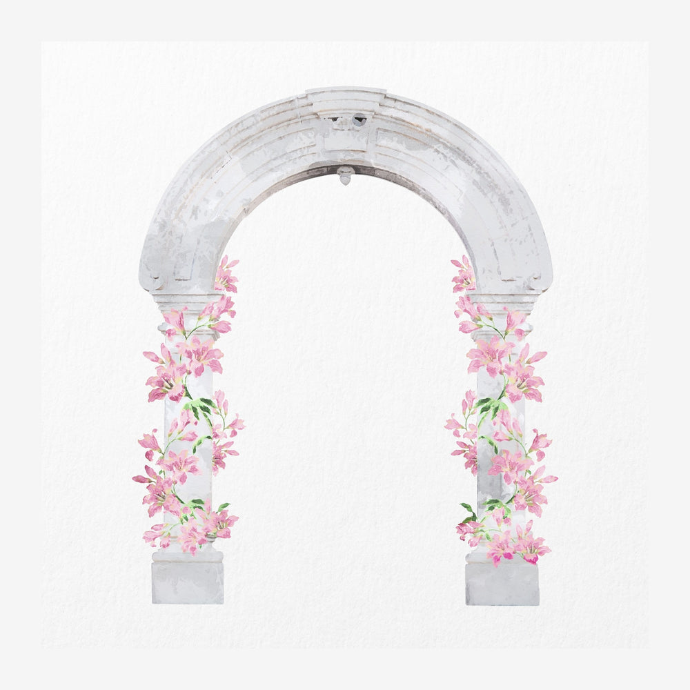 Une arche architecturale en pierre blanche avec deux colonnes ornées de fleurs roses grimpantes de chaque côté, sur fond.