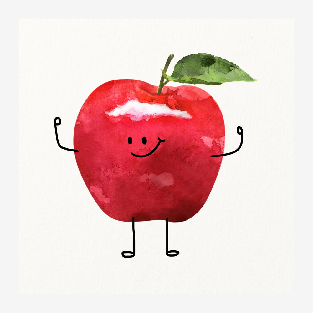 Illustration d'une pomme rouge avec un visage souriant, des joues blanches, des bras et des jambes filiformes noirs.