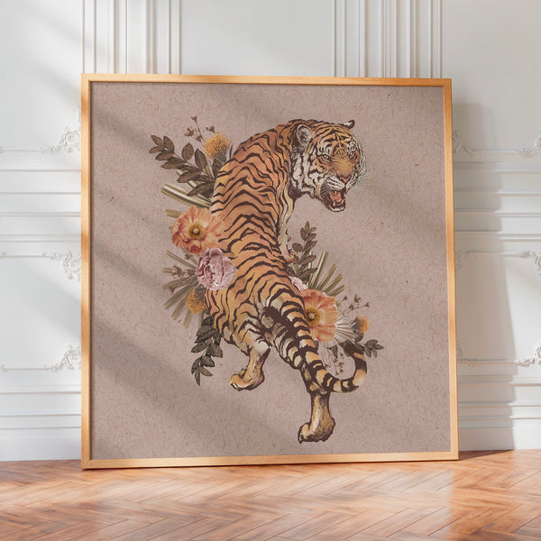 Tigre et fleurs botanique, affiche beige naturel — Poster HP mat