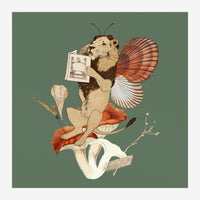 Créature ailée aux traits doux, tenant un livre, portant des ailes rouges et blanches, entourée de fleurs et plantes, sur.