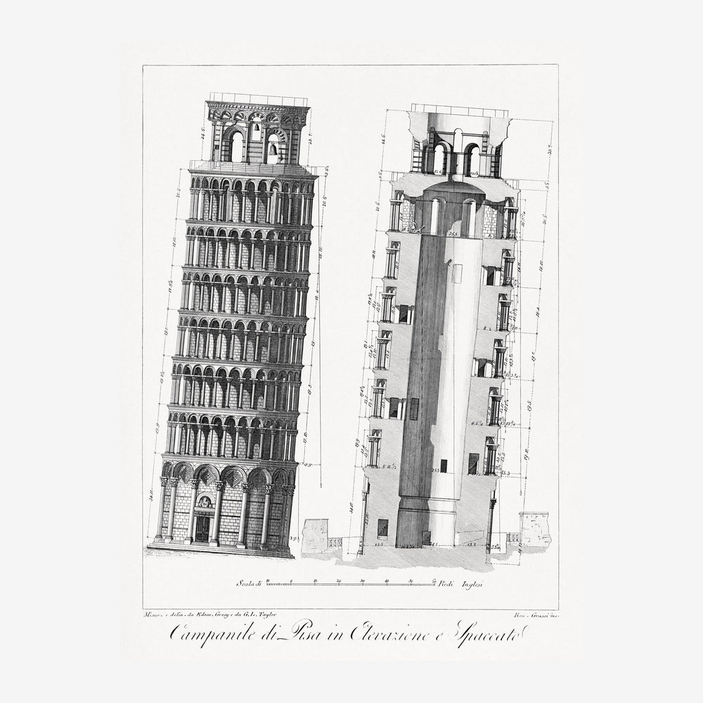 Gravure en noir et blanc montrant l'élévation frontale et la coupe latérale d'une tour romane avec arcades, annotations.