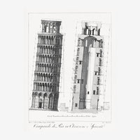 Gravure en noir et blanc montrant l'élévation frontale et la coupe latérale d'une tour romane avec arcades, annotations.