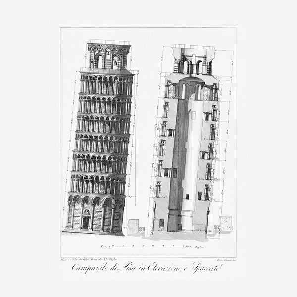 Gravure en noir et blanc montrant l'élévation frontale et la coupe latérale d'une tour romane avec arcades, annotations.