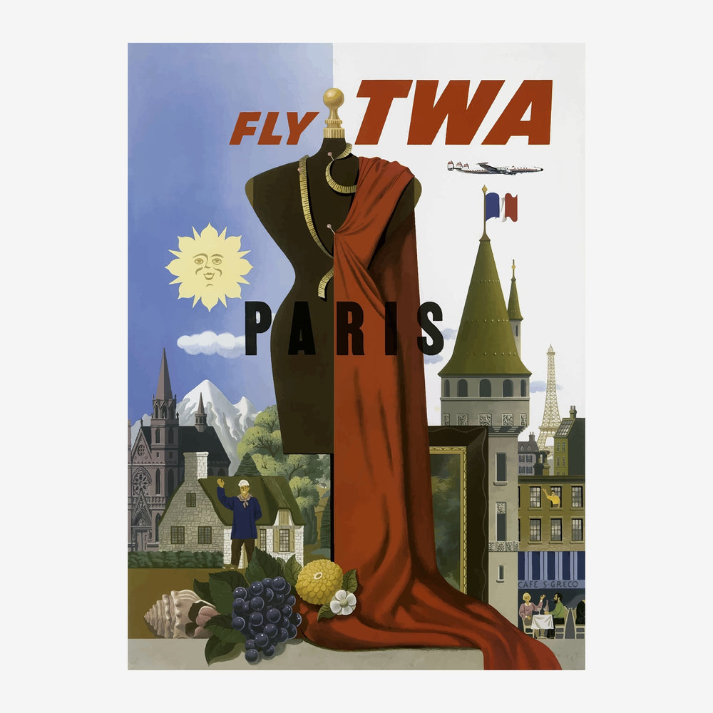 Affiche de voyage vintage TWA Paris montrant un mannequin de couture vêtu d'une robe rouge-brun, entouré de monuments.