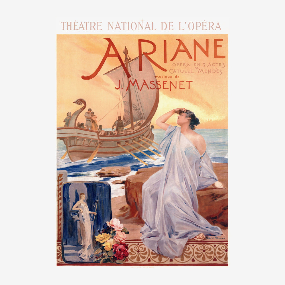 Affiche vintage d'opéra représentant une femme en drapés bleus contemplant un bateau antique au coucher de soleil, avec.