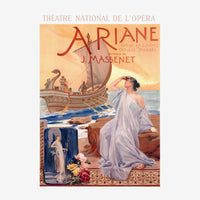 Affiche vintage d'opéra représentant une femme en drapés bleus contemplant un bateau antique au coucher de soleil, avec.
