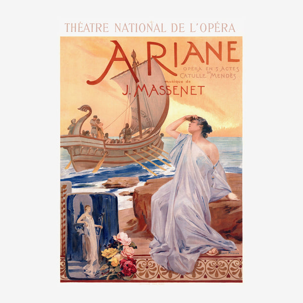 Affiche vintage d'opéra représentant une femme en drapés bleus contemplant un bateau antique au coucher de soleil, avec.