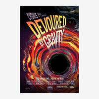 Affiche vintage pop art noire et orange représentant un tourbillon cosmique avec des flammes dégradées, ornée d'un texte.