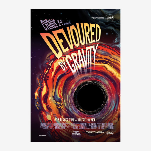 Affiche vintage pop art noire et orange représentant un tourbillon cosmique avec des flammes dégradées, ornée d'un texte.