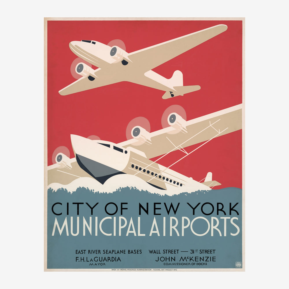 Affiche vintage représentant deux avions stylisés beiges en vol sur fond rouge, avec texte « City of New York Municipal.
