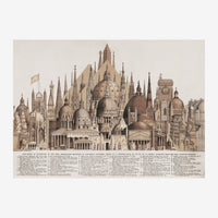 Gravure montrant en perspective une rangée de cathédrales, églises et édifices religieux de styles variés avec dômes.