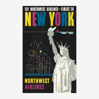 Affiche vintage de voyage représentant la Statue de la Liberté et les gratte-ciels de New York avec un avion en vol, sur.
