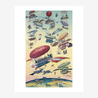 Affiche vintage présentant une composition dense d'aéronefs imaginaires, dirigeables et ballons colorés flottant dans un.