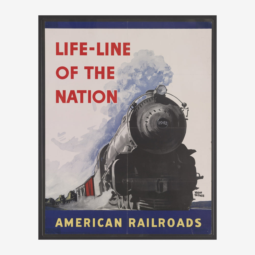 Affiche vintage représentant une locomotive à vapeur noire et grise avec le texte « Life-Line of the Nation » en lettres.