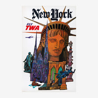Affiche vintage représentant la Statue de la Liberté en orange dominant la scène, entourée de monuments new-yorkais en bleu.