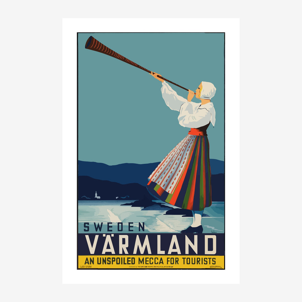 Affiche vintage portrait montrant une femme en costume traditionnel coloré tenant une longue lunette, face à un paysage.