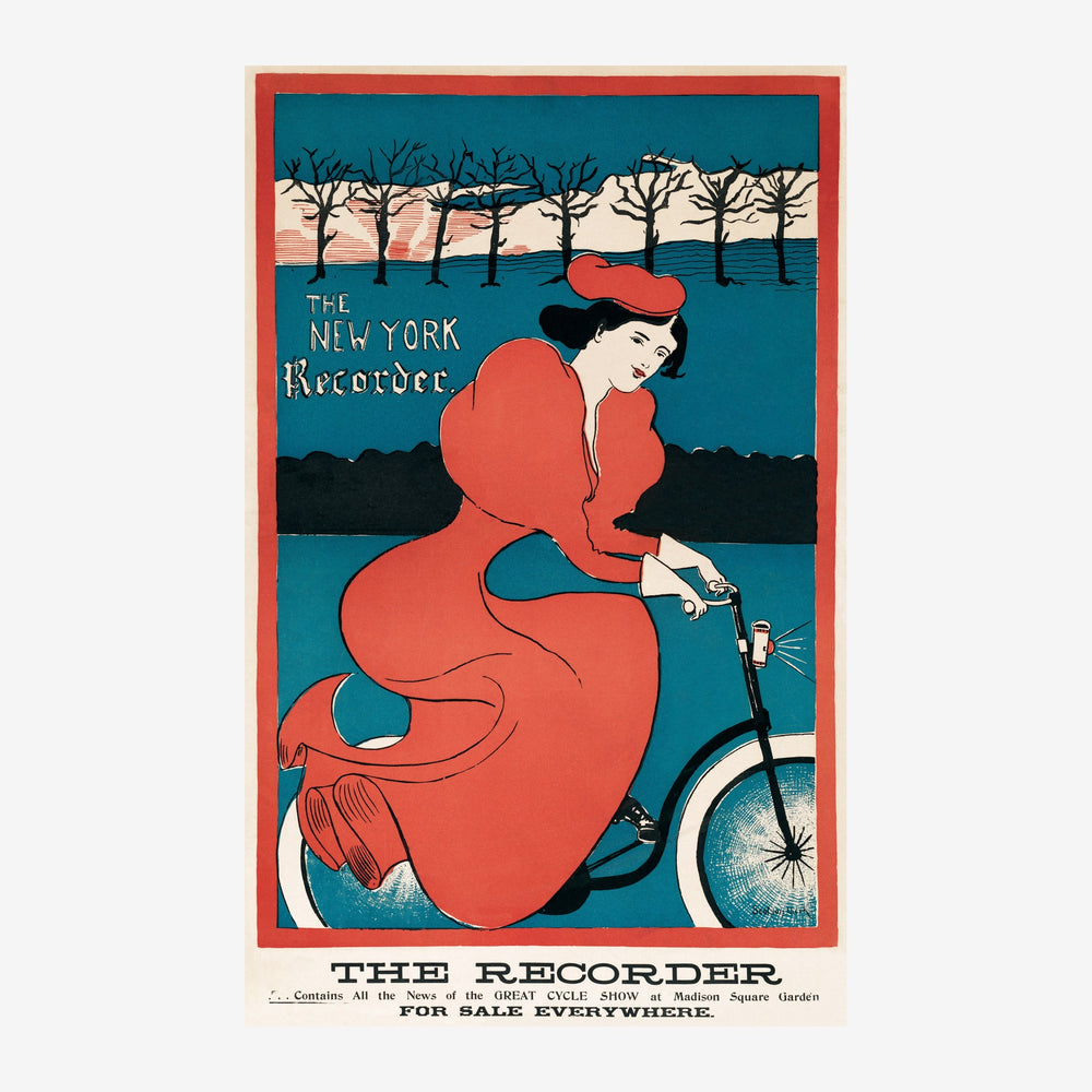 Affiche vintage montrant une femme en robe rouge vif et chapeau rouge sur une bicyclette, fond de paysage avec arbres et.