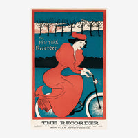 Affiche vintage montrant une femme en robe rouge vif et chapeau rouge sur une bicyclette, fond de paysage avec arbres et.