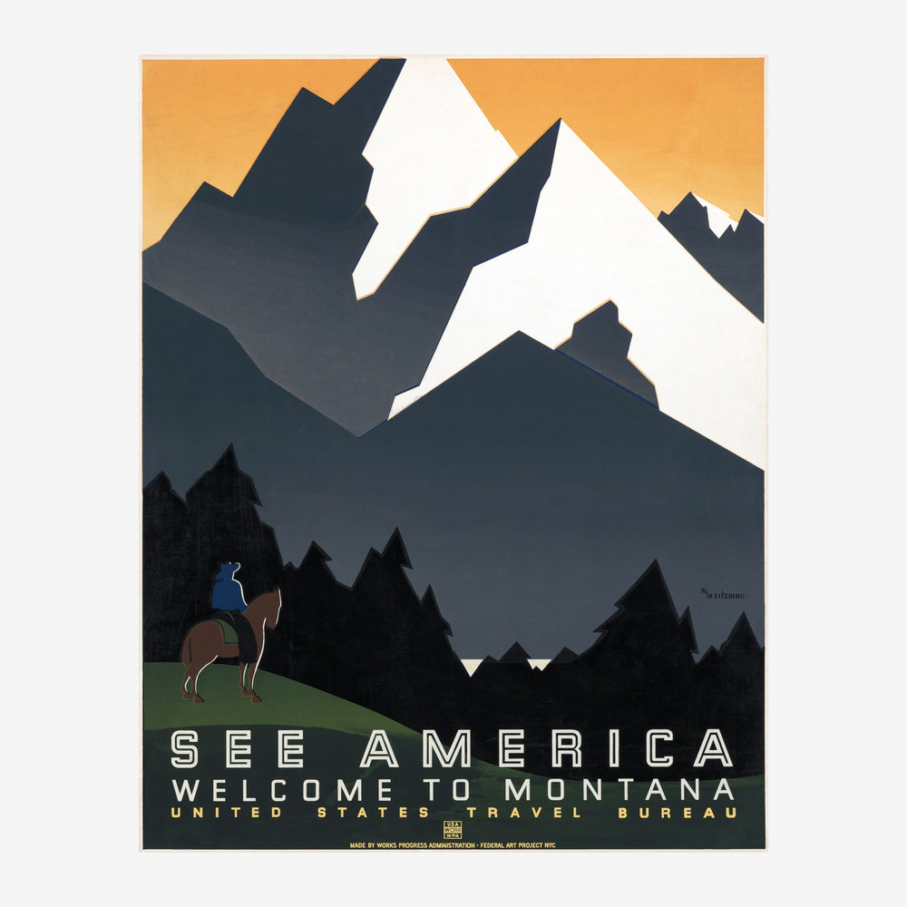 Affiche rétro représentant des silhouettes de montagnes noires et grises contre un ciel dégradé or et blanc, avec un.
