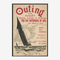 Affiche vintage beige et terracotta montrant un voilier noir sur des vagues, entouré de texte énumérant des activités d'août.