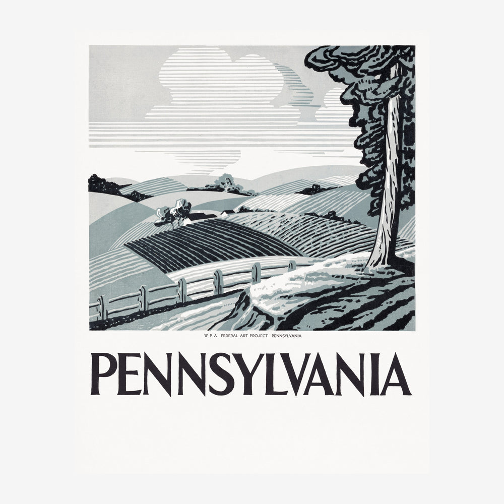 Affiche représentant un paysage rural avec des champs en ligne, un arbre feuillu sur la droite et une clôture, dans un style.