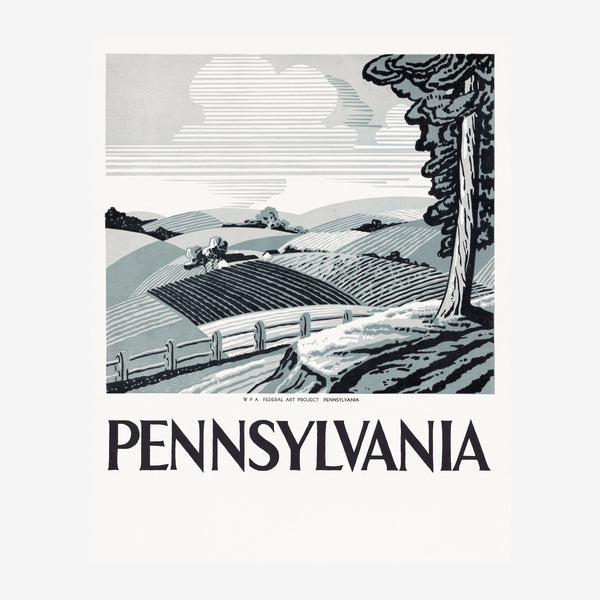 Affiche représentant un paysage rural avec des champs en ligne, un arbre feuillu sur la droite et une clôture, dans un style.