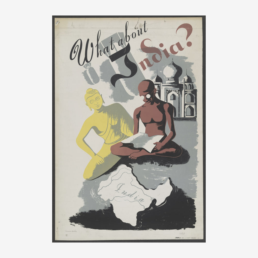 Affiche vintage montrant deux femmes stylisées en jaune et terracotta devant un temple indien, avec le texte « What about.