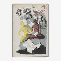 Affiche vintage montrant deux femmes stylisées en jaune et terracotta devant un temple indien, avec le texte « What about.