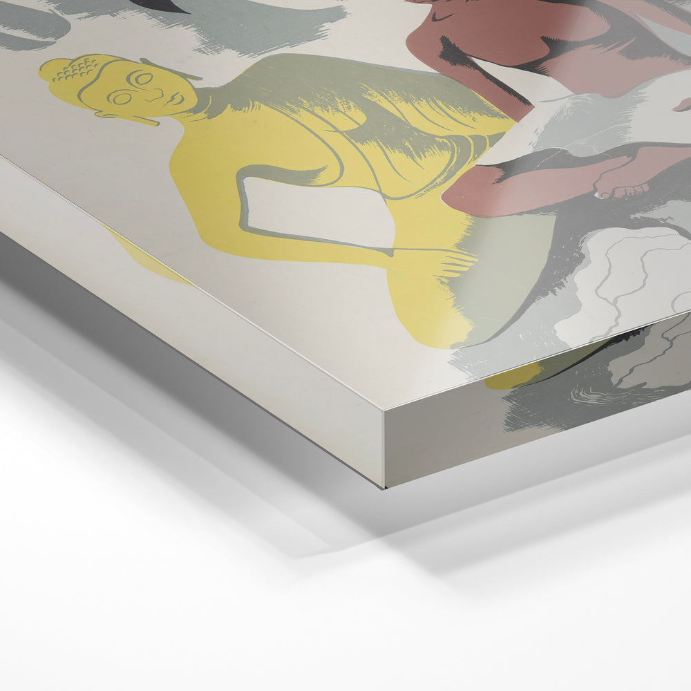 Gros plan de la matière : le tirage sous verre acrylique, tranche transparente visible.
