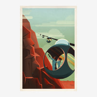 Affiche vintage représentant un avion en vol au-dessus de falaises rouges, ciel vert sauge, style pop-art rétro avec.