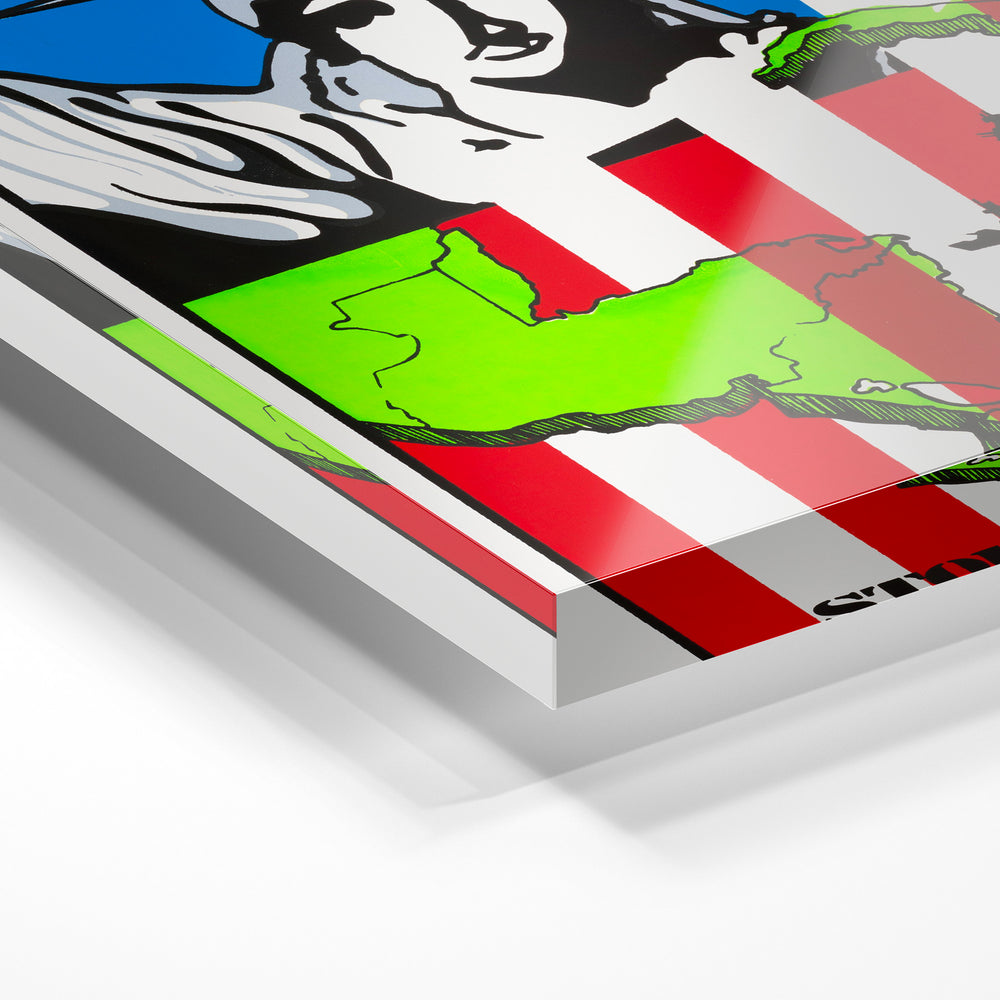 Gros plan de la matière : le tirage sous verre acrylique, tranche transparente visible.