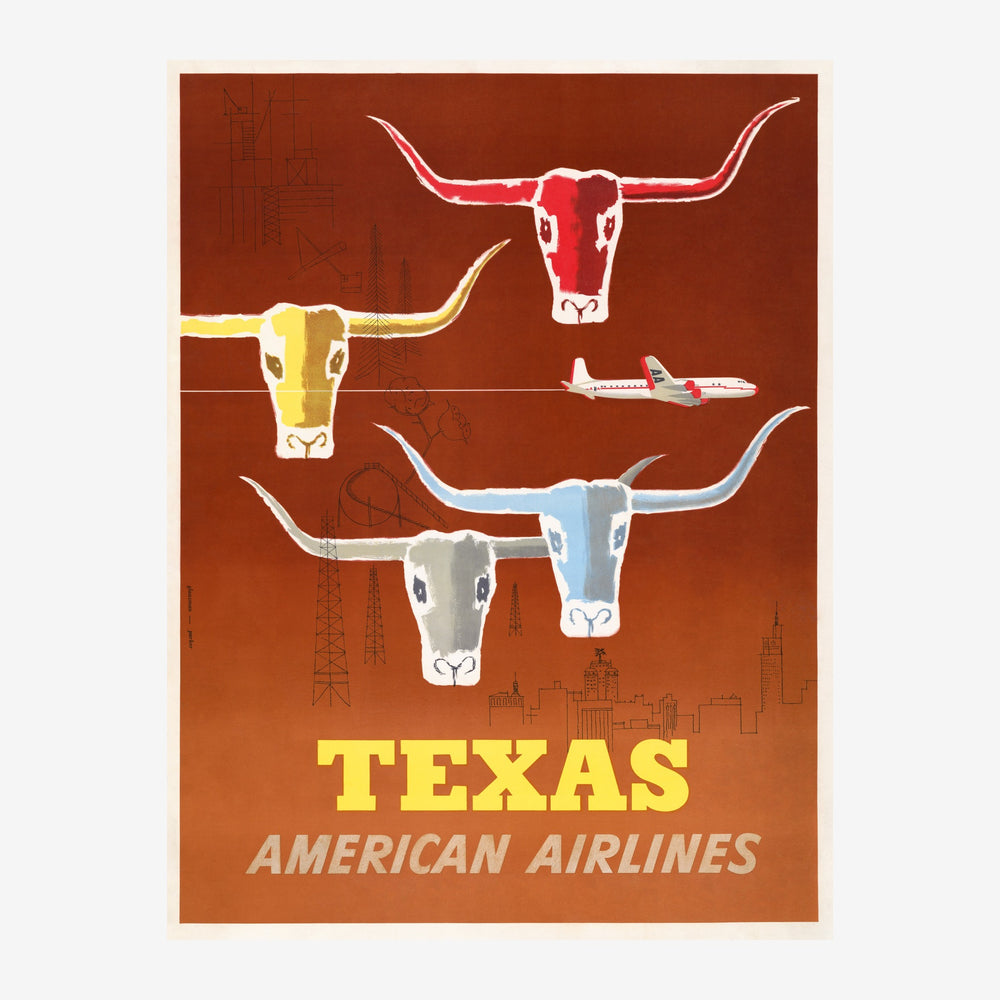 Affiche vintage représentant trois têtes de longhorns aux cornes largement déployées en rouge, jaune et gris-bleu, avec un.