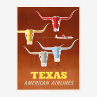 Affiche vintage représentant trois têtes de longhorns aux cornes largement déployées en rouge, jaune et gris-bleu, avec un.
