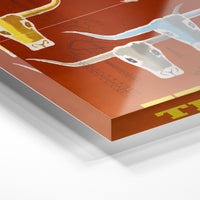 Gros plan de la matière : le tirage sous verre acrylique, tranche transparente visible.