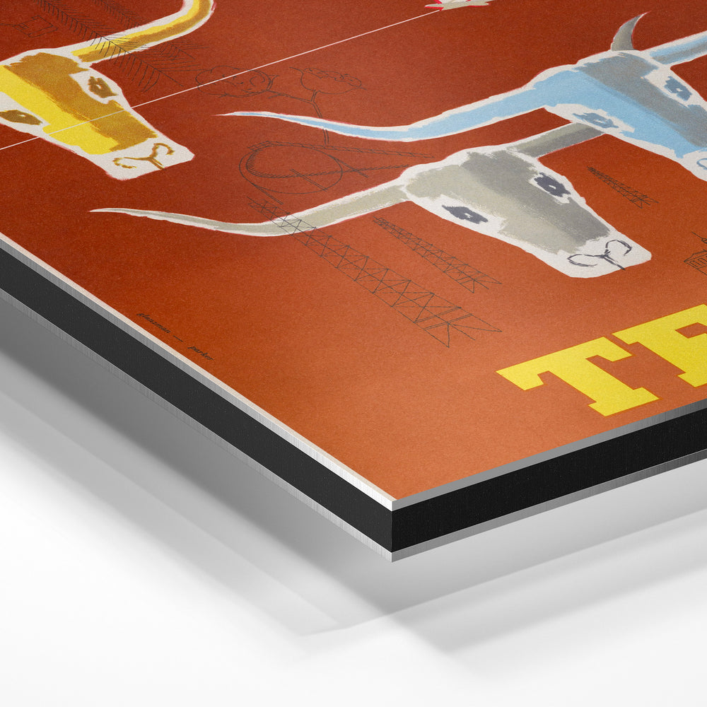 Gros plan de la matière : le tirage contrecollé sur aluminium Dibond mat, tranche visible.