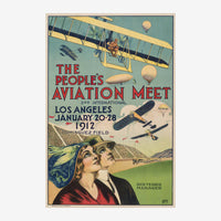 Affiche vintage de 1912 pour un meeting aérien à Los Angeles, montrant des avions et des ballons dans le ciel, avec deux.