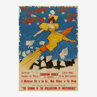 Affiche vintage du Sunday Journal datée du 5 juillet, montrant une femme en robe jaune chevauchant une fusée rouge au-dessus.