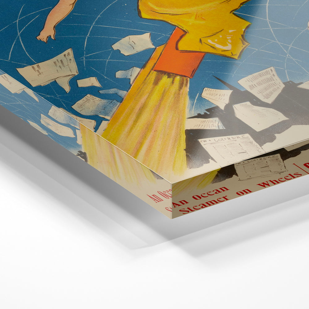 Gros plan de la matière : le tirage sous verre acrylique, tranche transparente visible.