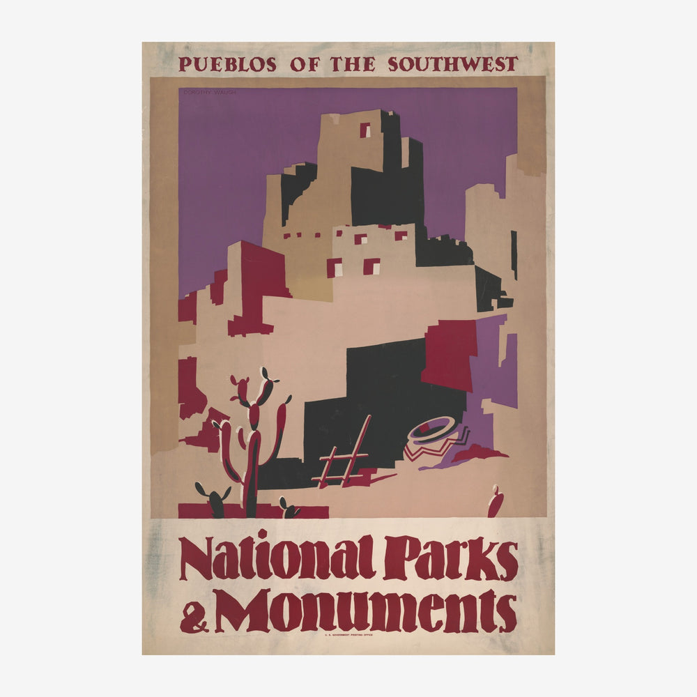 Affiche vintage représentant des pueblos avec architectures géométriques en ocre et terracotta sur fond prune, accompagnée.
