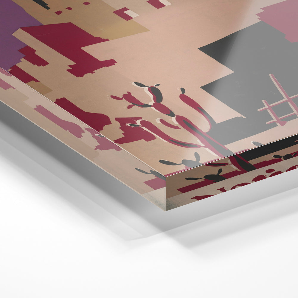 Gros plan de la matière : le tirage sous verre acrylique, tranche transparente visible.