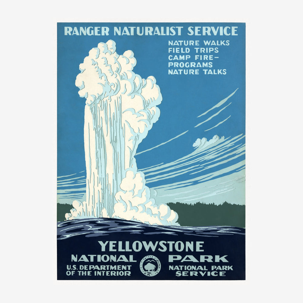Affiche vintage représentant un geyser blanc et crème jaillissant sur un fond bleu ciel, avec du texte « Ranger Naturalist.