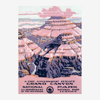 Affiche vintage aux couleurs rose poudré et bleu montrant les formations géologiques en couches du Grand Canyon sous un ciel.